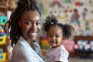 Fototapeta premium Smiling dark-skinned nanny at work, showcasing warmth and professionalism