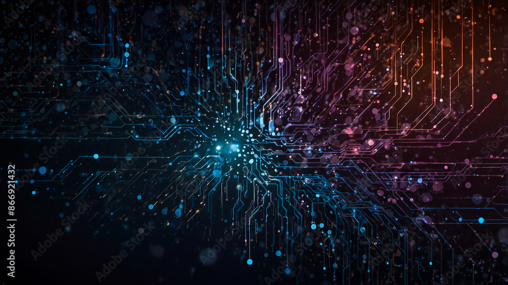 Poster digital cyberspace with particles and digital data network connections. abstract background concept