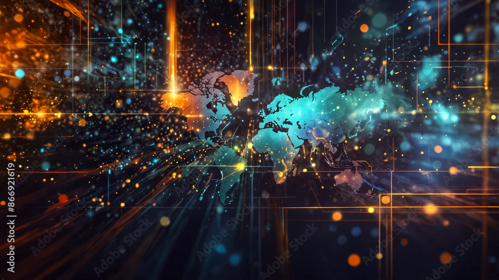 Poster digital cyberspace with particles and digital data network connections with map earth. abstract back