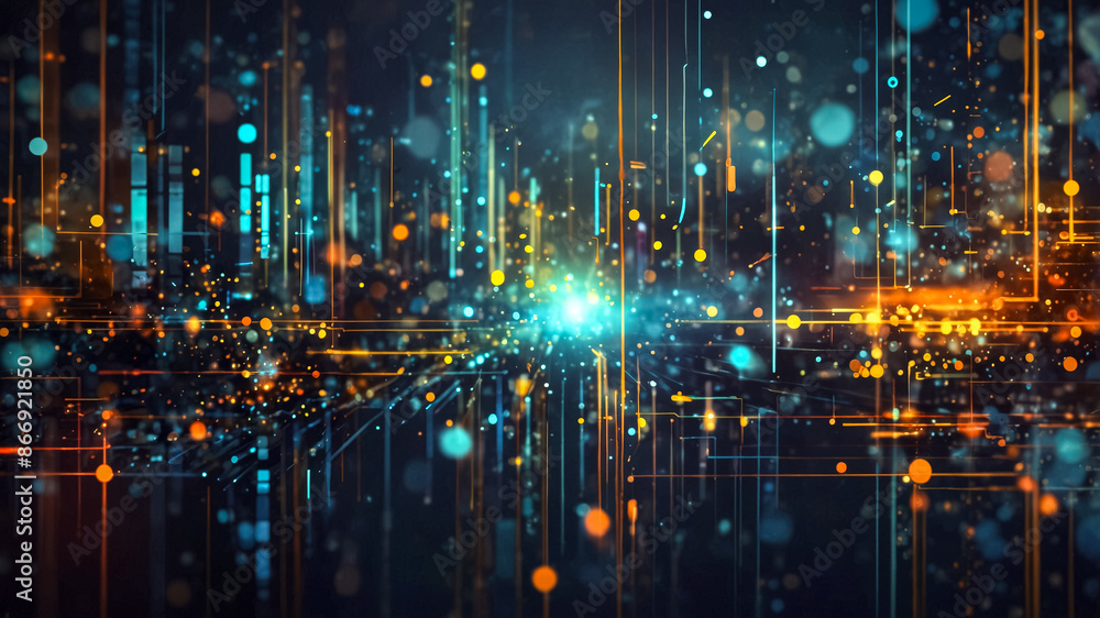 Poster digital cyberspace with particles and digital data network connections. abstract background concept