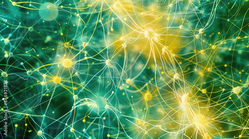 Poster vibrant abstract depiction of interconnected neural networks with a digital and scientific aesthetic