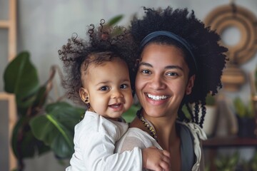 Fototapeta premium Smiling dark-skinned nanny at work, showcasing warmth and professionalism