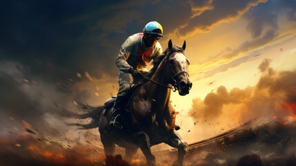 Naklejka premium Evening Horizon: Horse in a Beautiful Countryside Landscape with a Stunning Sunset