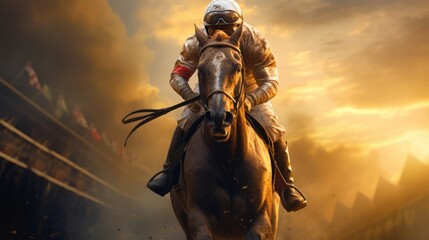 Naklejka premium Evening Horizon: Horse in a Beautiful Countryside Landscape with a Stunning Sunset