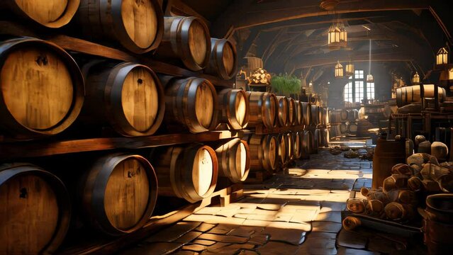 Wine bar tavern with wooden oak barrels with beer and wine