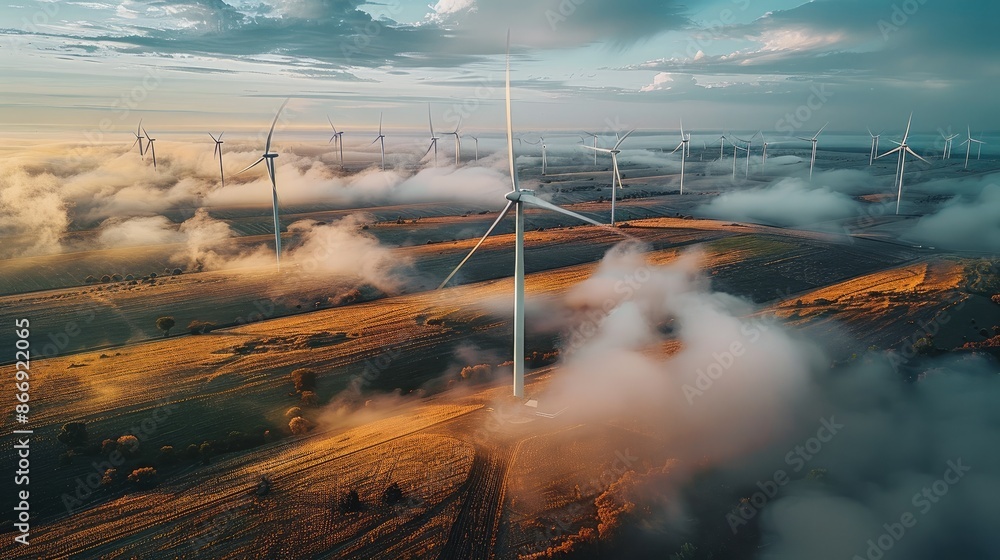 Poster The large fields with modern technology windmills. Aerial high view. Generative AI.