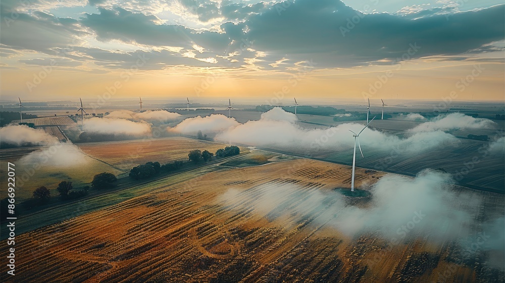 Poster The large fields with modern technology windmills. Aerial high view. Generative AI.