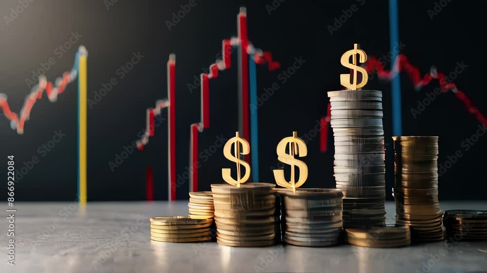 Aufkleber a graph with a dollar sign on it and a stack of coins