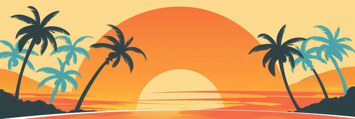 Obraz premium Simple and vibrant illustration of palm trees silhouetted against a setting sun over a beach. Generative AI