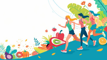 Women Running with Fruits and Vegetables Background