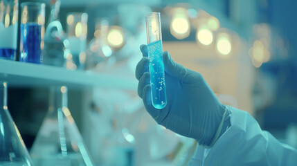 Scientist holding test tube in lab, highlighting blue liquid.
