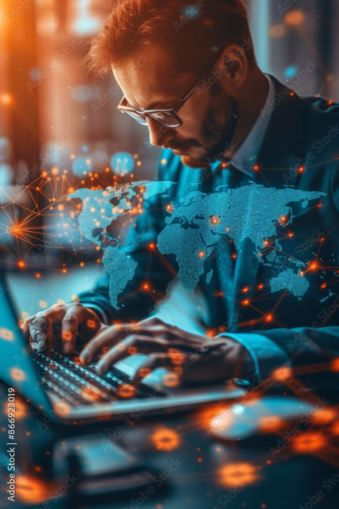 Poster businessman planning development on laptop with world map overlay