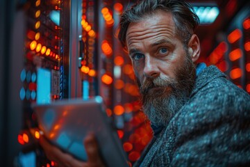 Obraz premium A bearded man intently operates a tablet in a control room filled with electronic circuit panels glowing with red lights, showcasing modern technology and advanced systems.