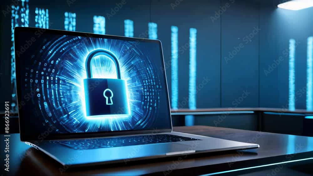 Poster a modern laptop screen showing a glowing padlock amidst digital binary code, representing strong cyb