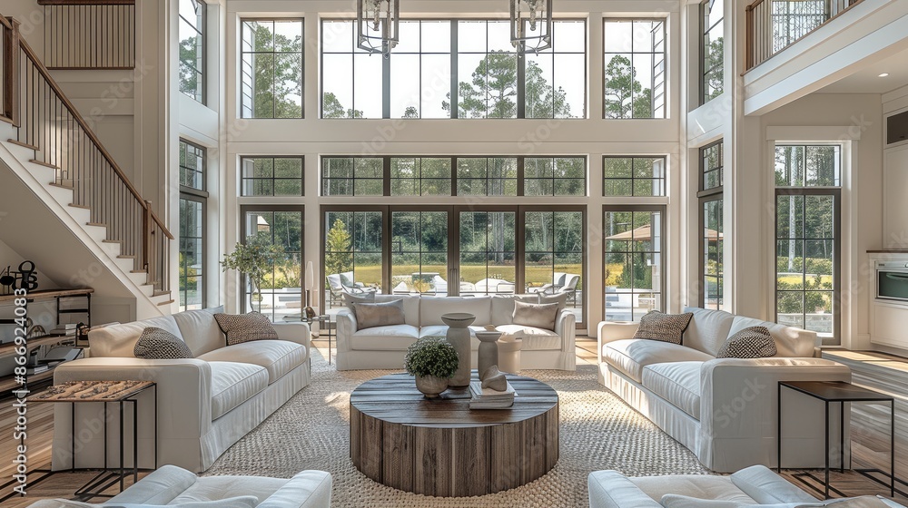 Poster A large double staircase in the center of an open concept home with two story high ceilings and large windows, featuring a modern farmhouse style interior design. Generative AI.