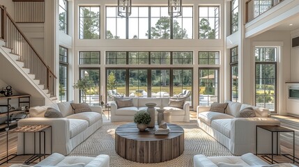 A large double staircase in the center of an open concept home with two story high ceilings and large windows, featuring a modern farmhouse style interior design. Generative AI.