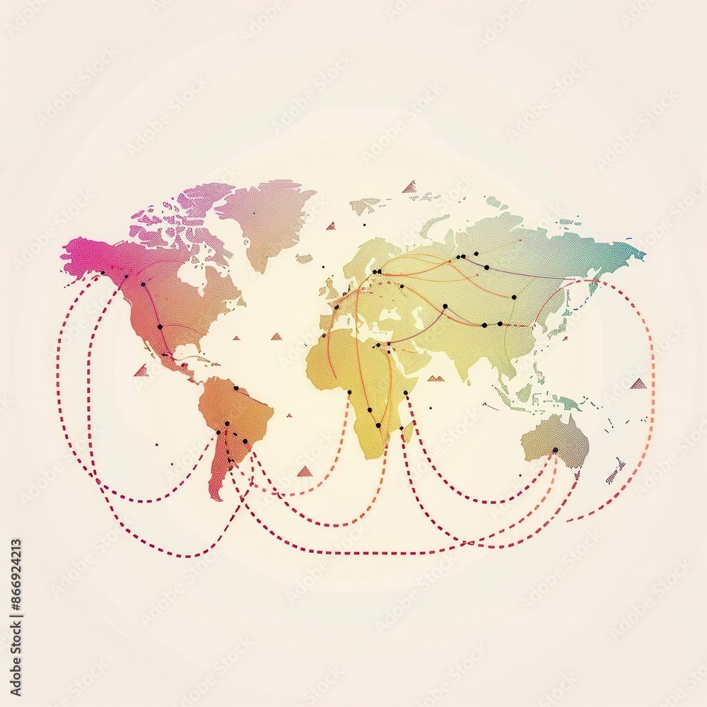 Aufkleber a minimalist illustration of a world map with highlighted travel routes, perfect for travel agencies