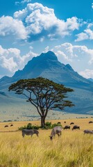A picturesque scene of zebras peacefully grazing in the African savanna, with a solitary acacia tree providing shade and a majestic mountain peak dominating the background