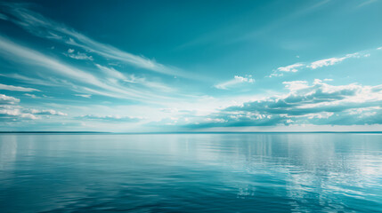 Fototapeta premium Minimalistic landscape. Empty calm versatile sea, ocean, reflecting blue sky with single clouds