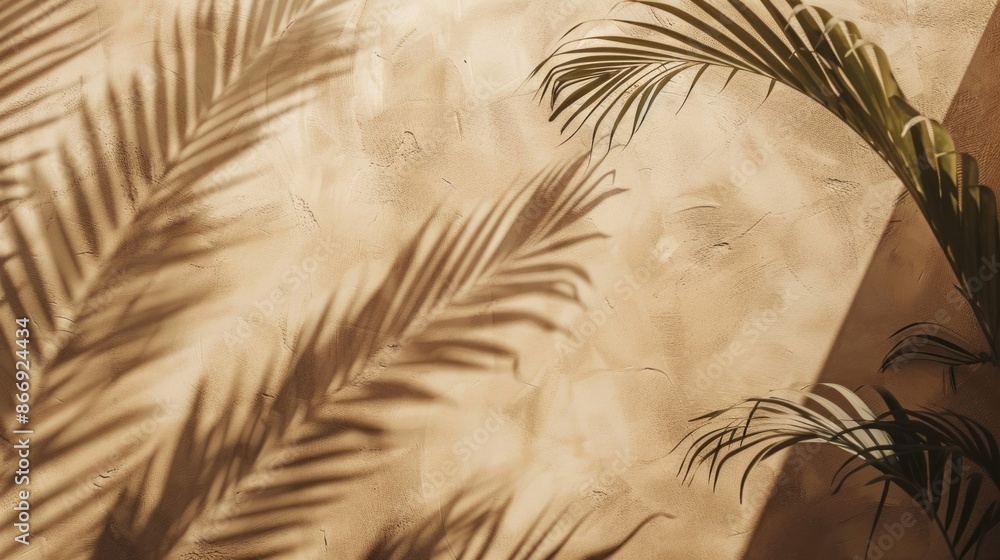 Poster A close-up image of a beige wall with the shadows of palm tree leaves cast upon it. The light is soft and warm, suggesting a sunny midday