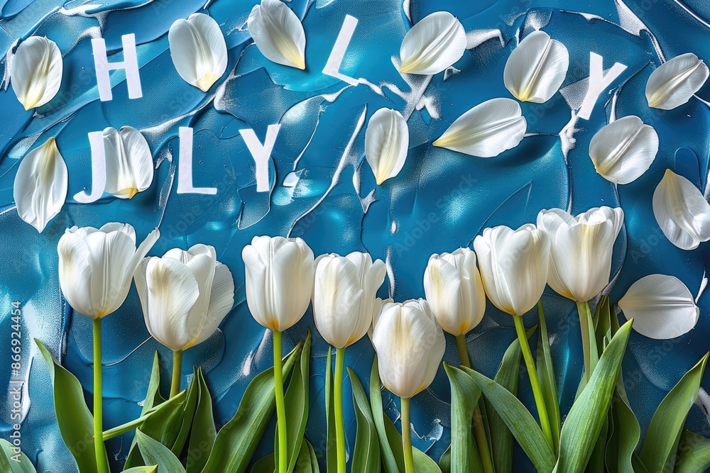 Aufkleber blue background with white tulips, text that spell the word 