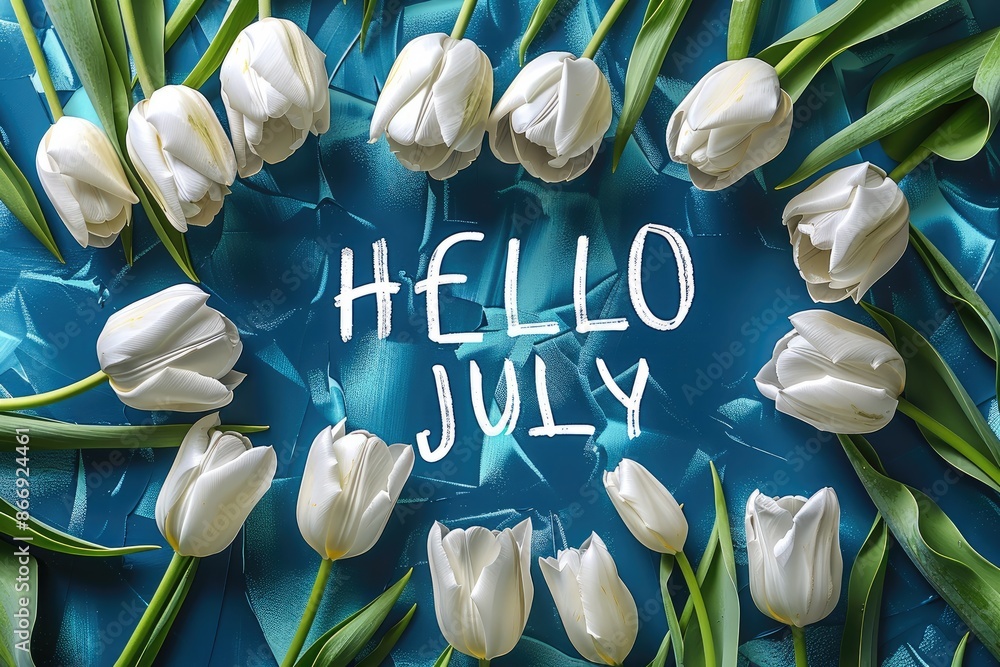 Aufkleber blue background with white tulips, text that spell the word 