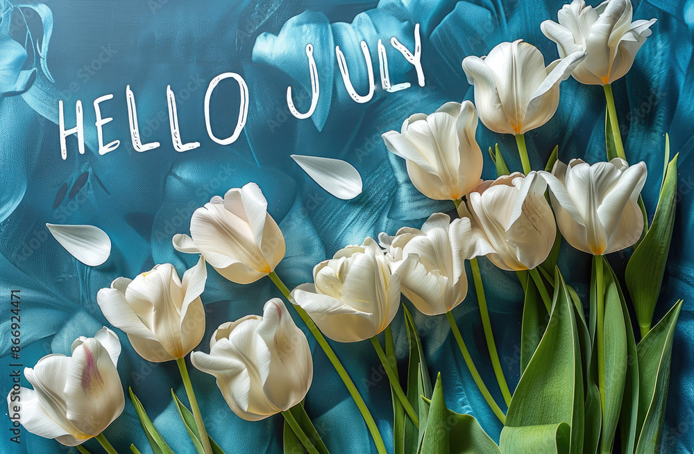 Aufkleber blue background with white tulips, text that spell the word 