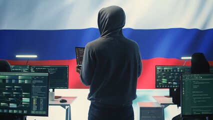 Shady person working in a Russian governmental cyber defense room, showcasing cyberterrorism. Hacker inflicting fake news spread and manipulation among nation, political aggression. Camera B.