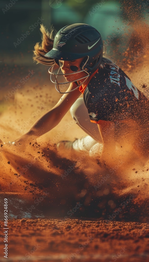 Poster dynamic action shot of female softball player sliding into second base during game
