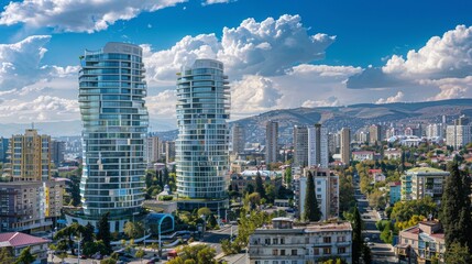 Naklejka premium A panoramic view of a city skyline with modern architecture, featuring two prominent glass-clad towers against a backdrop of blue skies and fluffy white clouds