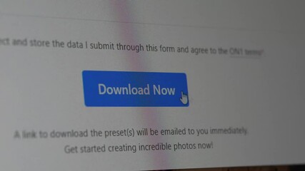User click download button for downloading interesting files to private storage computer, system for getting online data through internet. Concept of online technology for convenience. Webography.