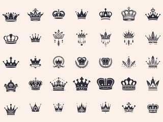 Royal Vintage Crown kings Silhouettes Set, Retro Crown Vector Illustration Icons.