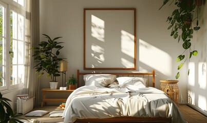 Cozy bedroom with an empty frame on the nightstand