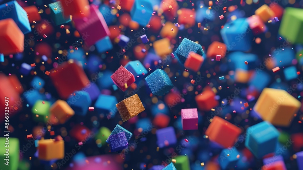 Poster colorful 3d cubes floating in a dark background. 3d design of square box with vibrant colorful color