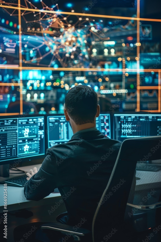 Poster state-of-the-art cybersecurity center with experts monitoring networks and protecting digital assets