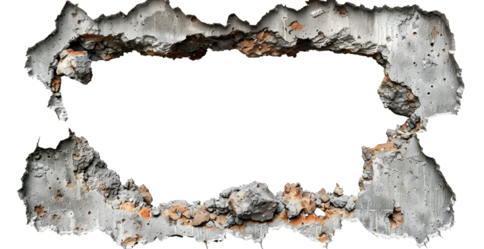 A large hole in a wall with a white background