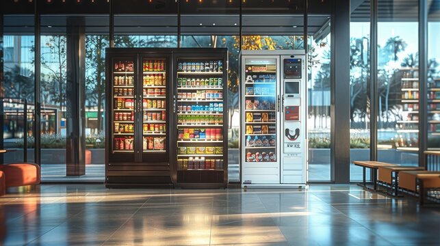 A smart vending machine in a mall modern style, minimalism. Uncluttered look, simple lines, focus on functionality. Glass walls, floor-to-ceiling windows. Generative AI.