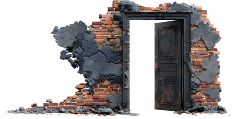 A door is open in front of a brick wall