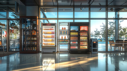 A smart vending machine in a mall modern style, minimalism. Uncluttered look, simple lines, focus on functionality. Glass walls, floor-to-ceiling windows. Generative AI.