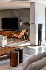 Modern Luxury Living Room with High-End Sound System and Sophisticated Interior Design