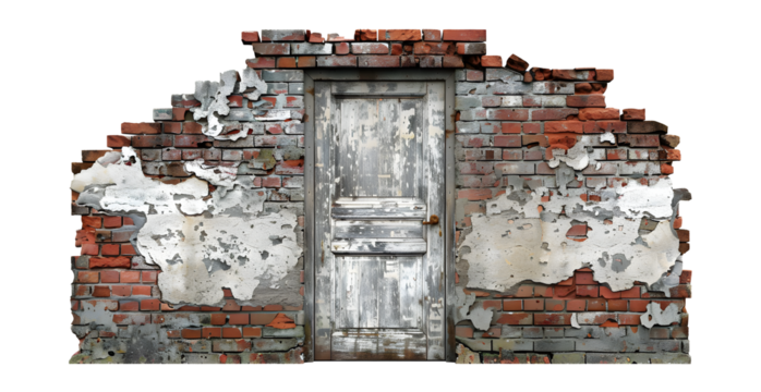 A brick wall with a door in the middle