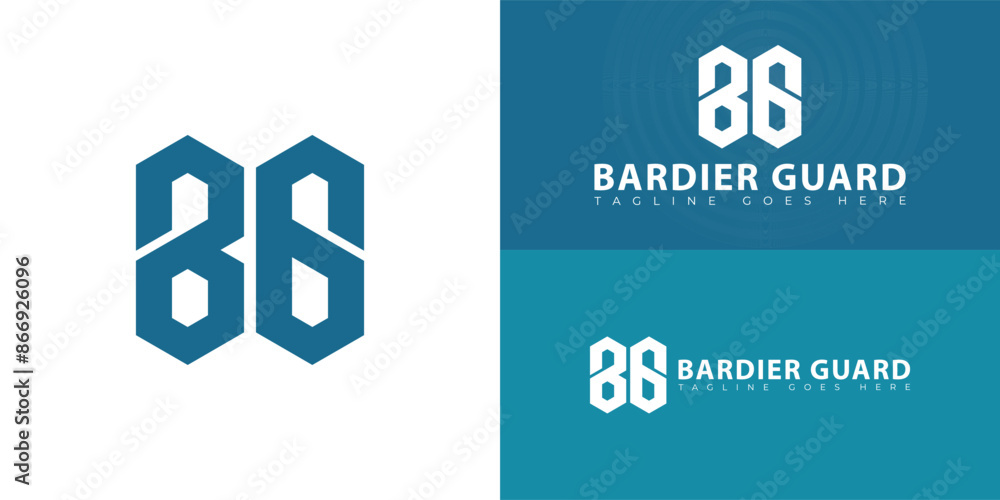 Poster abstract initial hexagon letters bg or gb logo in blue color isolated on multiple background colors.