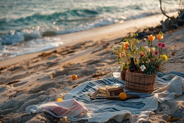 Cozy beach picnic setup with a basket of flowers and wine during sunset