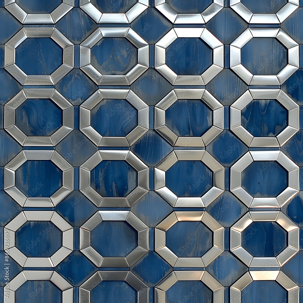 Wall mural a geometric pattern of interlocking silver hexagons against a backdrop of midnight blue