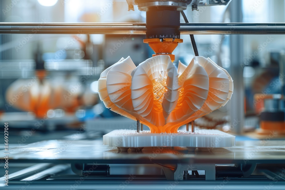 Poster 3d printing technology in a workshop, printing prototypes and customized objects, additive manufactu