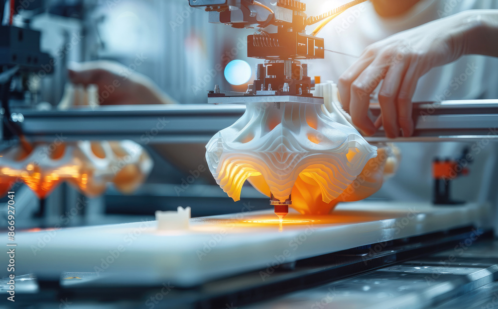 Poster 3d printing technology in a workshop, printing prototypes and customized objects, additive manufactu