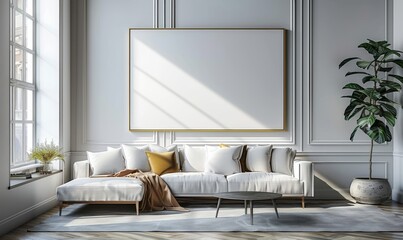 Bright living room with a blank canvas on the wall