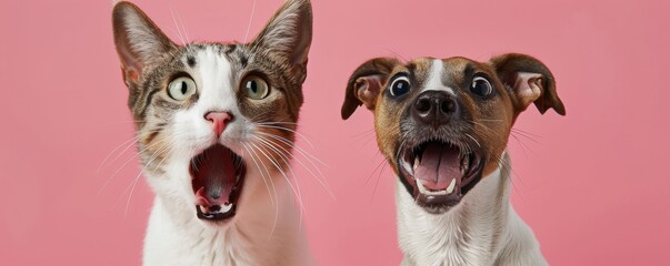 Cat and dog with surprised expressions against a pink background, close-up. Adorable pets showing emotions concept