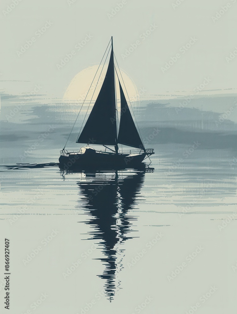 Poster minimalist illustration of a sailboat on calm water with the sun setting in the background. generati