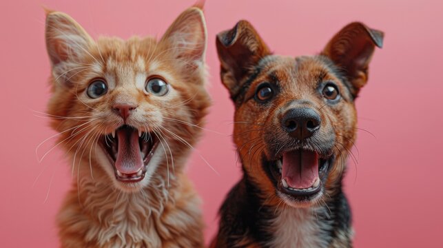 Cat and dog with surprised expressions on pink background, cute pet expressions concept